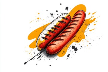 Aufkleber - A minimalist illustration of a single grilled wurst sausage with subtle grill marks, drawn in clean, bold lines on a plain white background
