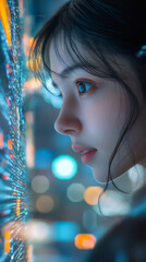 Fototapete - Female programmer intently studying complex code on translucent digital screen, working late in shadowy technological workspace