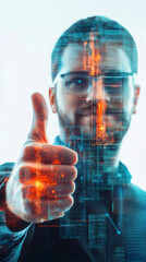 Leinwandbilder - Programmer giving thumbs up with coding interface illuminating facial features