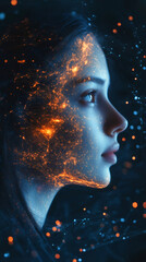 Leinwandbilder - Profile of a woman with glowing lines and dots covering her face, symbolizing the integration of humans and AI
