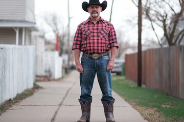 Wall Mural - A man in a cowboy hat and plaid shirt stands on a sidewalk. He is wearing cowboy boots and a belt