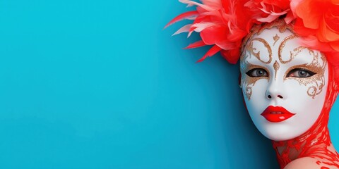 Wall Mural - A woman with a red and gold mask on her face. The background is blue