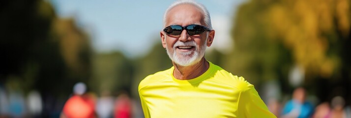 Sticker - A man in a yellow shirt is running in a park. He is smiling and wearing sunglasses. There are other people in the background, some of them are also running