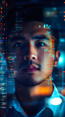 Poster - Software developer coding, holographic interface projecting programming lines across facial features
