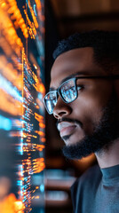 Leinwandbilder - Side view portrait of focused programmer working at night reading code reflected in his glasses