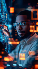 Leinwandbilder - Portrait of an african american software developer analyzing holographic source code displayed on a futuristic transparent screen in a dark server room