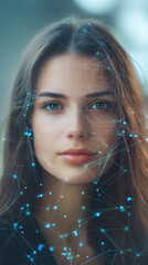 Poster - Polygonal mesh of connecting lines and dots covering a woman face, concept of artificial intelligence and neural network