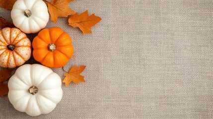 Wall Mural - Autumn leaves and pumpkins on burlap background, invitation banner, rustic harvest theme