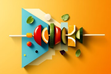 Aufkleber - A stylized flat icon of a wurst sausage skewer with alternating vegetables, designed with simple geometric shapes and vibrant colors