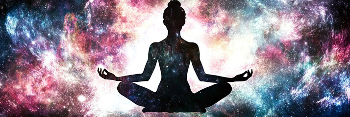 Wall Mural - Silhouette Embodies Tranquility in a Cosmic Realm of Qi Energy and Meditation Practices