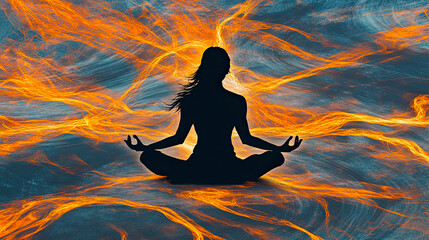Wall Mural - Silhouette Meditating Amidst Swirling Energies in a Vibrant Cosmic Environment
