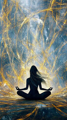 Wall Mural - Silhouette in Meditation Pose Surrounded by Abstract Qi Energy in a Tranquil Environment
