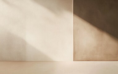 minimalist interior scene with wall in 2 colors and floor, smooth texture, beige and mocha mousse br
