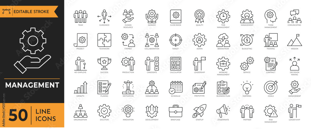 Targeted Management Icons Management outline icon set. Containing manager, teamwork, strategy ...