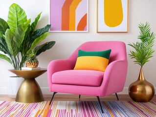 Cozy maximalist nook with a deep pink armchair, a bold abstract rug, a sculptural side table, colorful modern art, and unique decor pieces like metallic