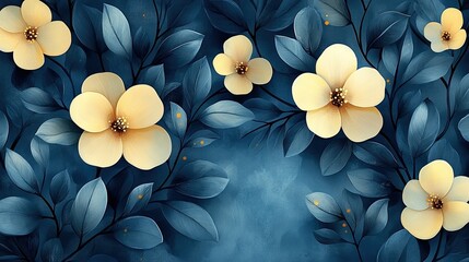 Wall Mural - Beautiful floral pattern featuring yellow flowers and green leaves on a deep blue background