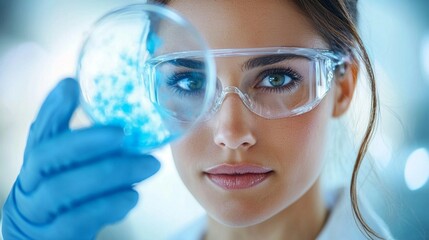 Wall Mural - in a well-lit laboratory, a focused scientist examines a petri dish containing vibrant blue cultures