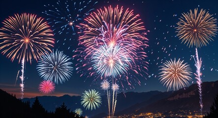 Colorful fireworks exploding in dark sky with mountains background