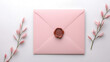 © MP-AI - Concept of Intimate weddings shine with thoughtful decor. A pink envelope adorned with a wax seal, surrounded by delicate pink flowers on a white background, exuding elegance and charm.