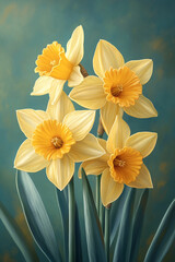 Wall Mural - Elegant Yellow Daffodils Blooming Beautifully Against Teal