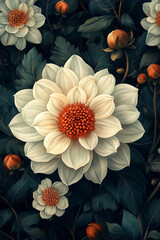 Wall Mural - Elegant White Dahlias Bloom Amidst Dark Green Foliage