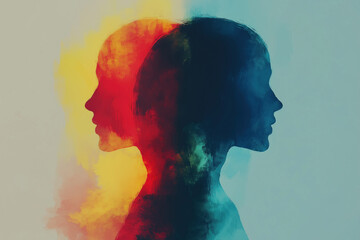 two faced concept duality mental health awareness concept red yellow blue grunge distressed illustration of 2 heads of person personality thoughts psychology psyche psychiatry counseling disorder