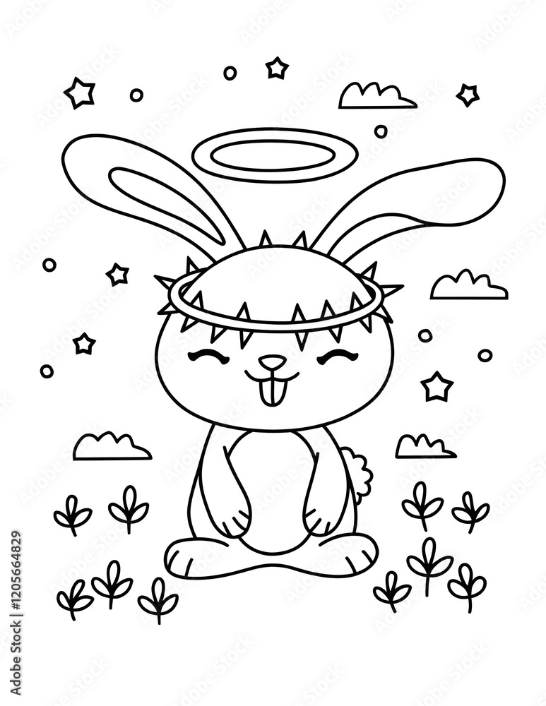 Angel Bunny with a Crown of Thorns and Halo, Coloring Page for Kids ...
