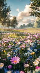 Wall Mural - A vibrant meadow filled with colorful wildflowers and lush green trees under a blue sky.