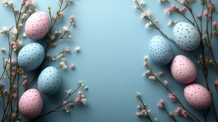 Pastel Easter Eggs and Delicate Blossoms on a Serene Blue Background for a Springtime Celebration