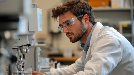 Wall Mural - focused on his work, a dedicated scientist in a lab coat carefully adjusts equipment in a contempora