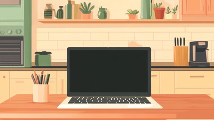 Wall Mural - open laptop with blank screen on a wooden desk in a kitchen room home office