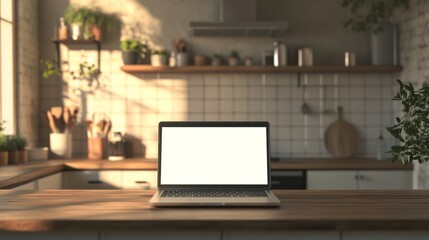 Wall Mural - open laptop with blank screen on a wooden desk in a kitchen room home office