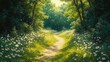 © BG_Illustrations - A sunlit path through a lush green forest with white flowers, symbolizing serenity and beauty. Perfect for nature and environmental themes.