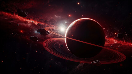 Wall Mural - cosmic landscape with rings around a planet and a glowing sun backdrop. generative ai