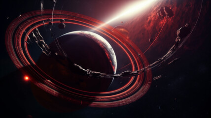 Wall Mural - cosmic landscape with rings around a planet and a glowing sun backdrop. generative ai