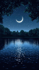 Wall Mural - a peaceful lake reflecting the moonlight and stars designed as ramadan smartphone wallpaper