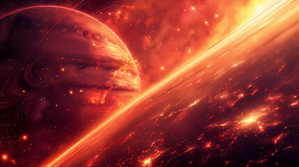 Wall Mural - cosmic landscape with rings around a planet and a glowing sun backdrop. generative ai