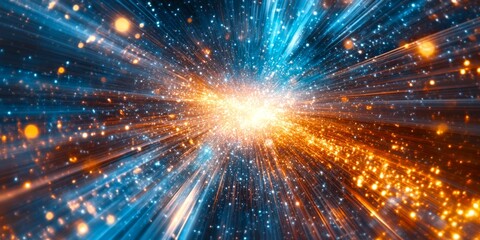 Wall Mural - dynamic explosion of light in vibrant blue and orange hues. this digital art piece captures the esse