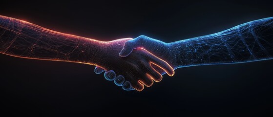 A dynamic handshake between two futuristic robotic arms, symbolizing partnership and technological connection in a digital realm.