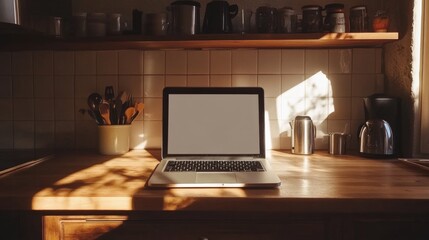 Wall Mural - open laptop with blank screen on a wooden desk in a kitchen room home office