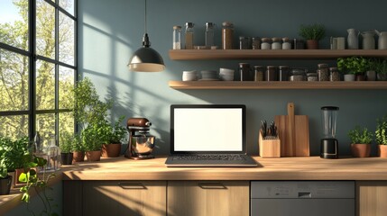 Wall Mural - open laptop with blank screen on a wooden desk in a kitchen room home office
