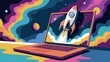 © Digital Dreamscapes - Rocket Launching from Laptop Screen in Vibrant Space Background.