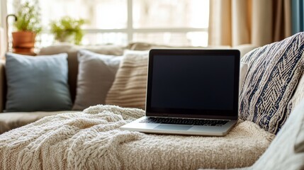 Wall Mural - open laptop with blank screen on a wooden desk in a kitchen room home office