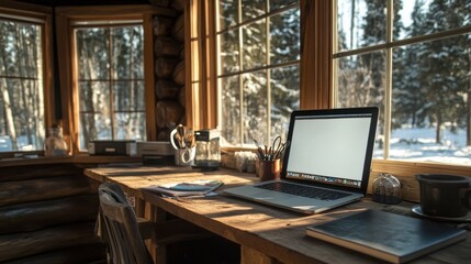 Wall Mural - open laptop with blank screen on a wooden desk in a kitchen room home office