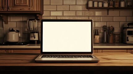 Wall Mural - open laptop with blank screen on a wooden desk in a kitchen room home office