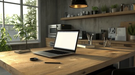 Wall Mural - open laptop with blank screen on a wooden desk in a kitchen room home office