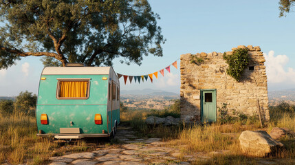 Poster - Caravan park, Showcases a caravan park adjacent to historic ruins, highlighting the blend of nature and heritage in a high-fidelity image.