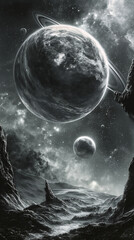 Wall Mural - distant planets and a swirling black hole in outer space landscape surreal background. generative ai