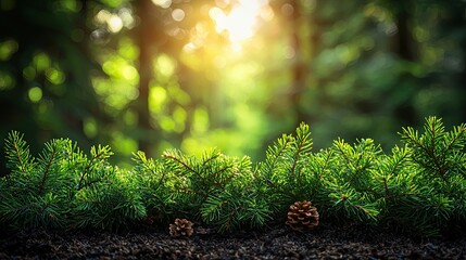 Wall Mural - sunlight filters through forest trees illuminating pine branches and cones in a peaceful natural set