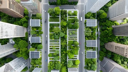 Poster - Sustainable Urban Rooftop Gardens with Solar Panels Illustrating Eco Friendly Living in a Futuristic City Environment  Vertical Agriculture Renewable Energy